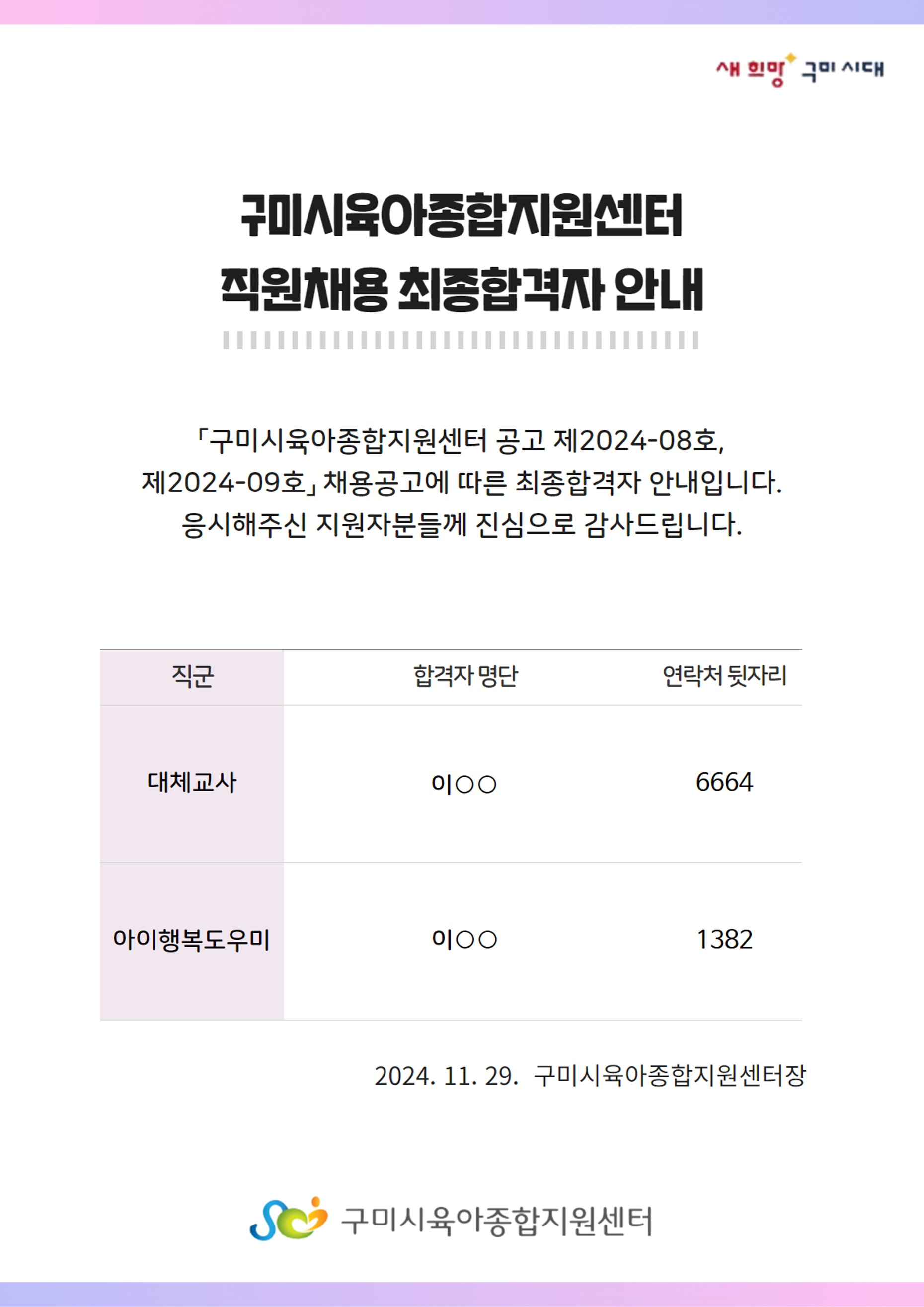 공고 제2024-08호, 제2024-09호 채용공고 최종 합격자 발표 첨부 이미지